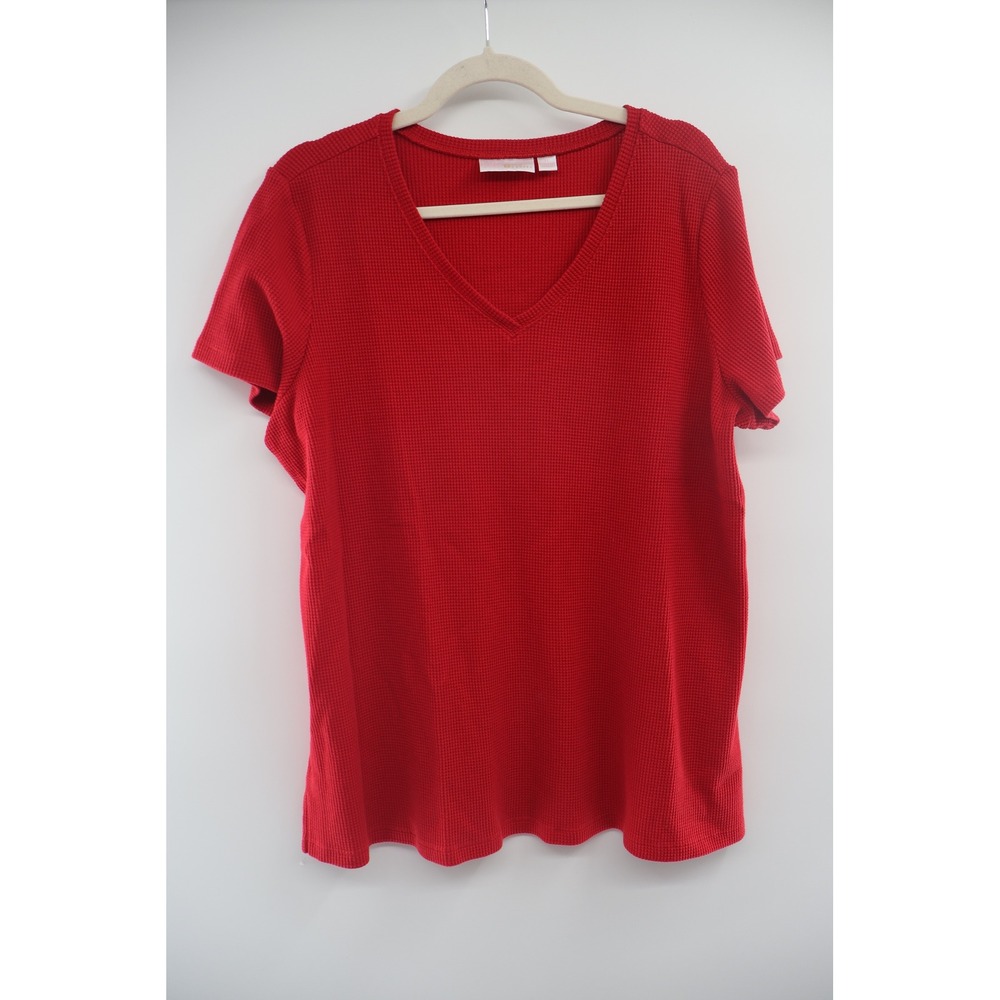 Belle Kim Gravel Red Baby Waffle V Neck Top 1X Plus Size Cotton Blend